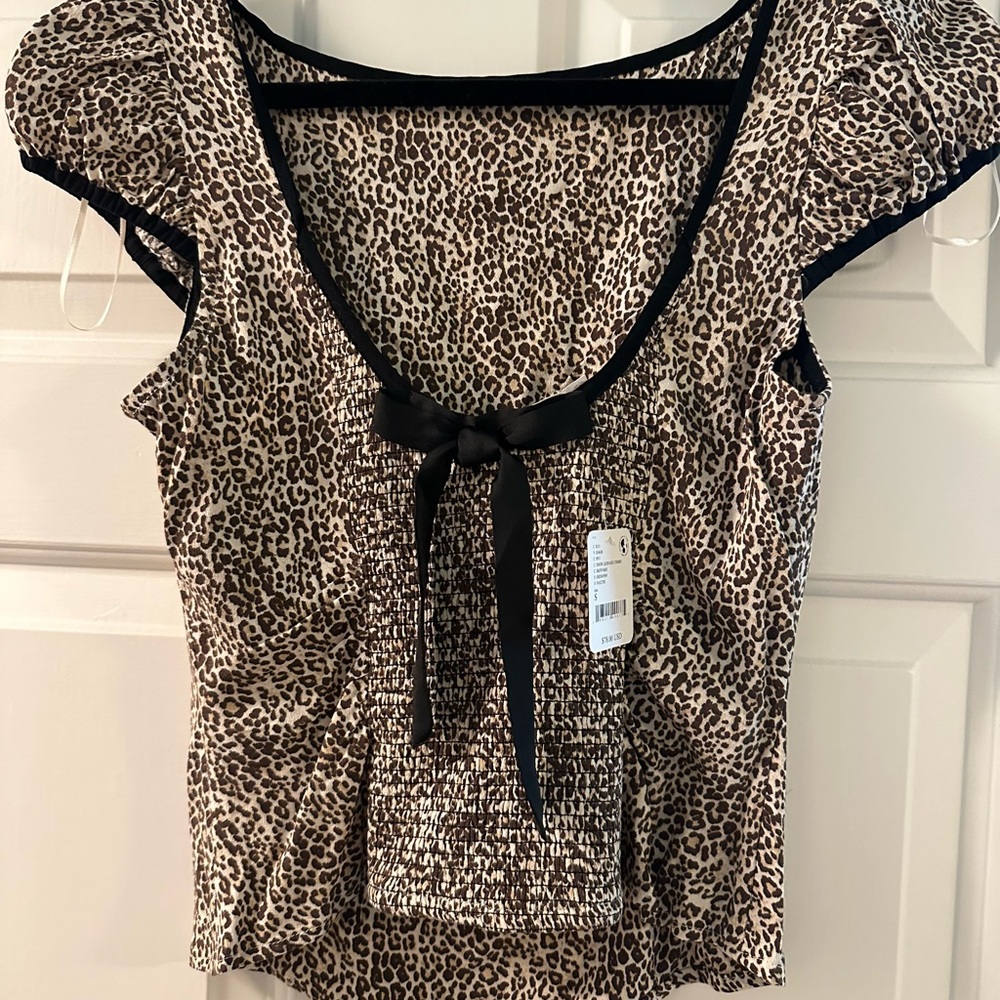 Free People Black and White Fitted Tie Front Blouse